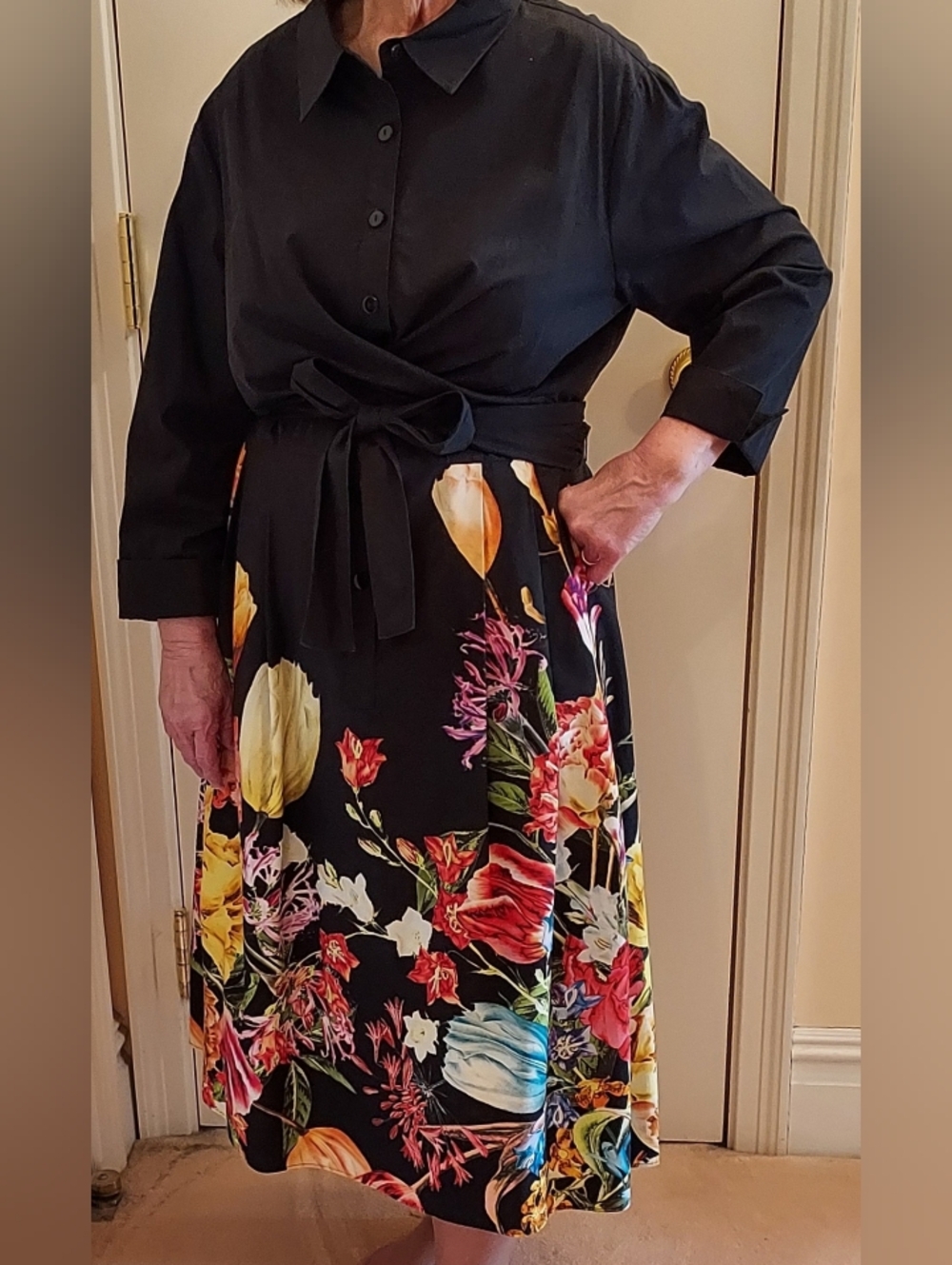 Teri Jon Cotton Shirtwaist Dress with Wrap Bodice and Springy  Floral Skirt, 22 - Picture 4 of 10